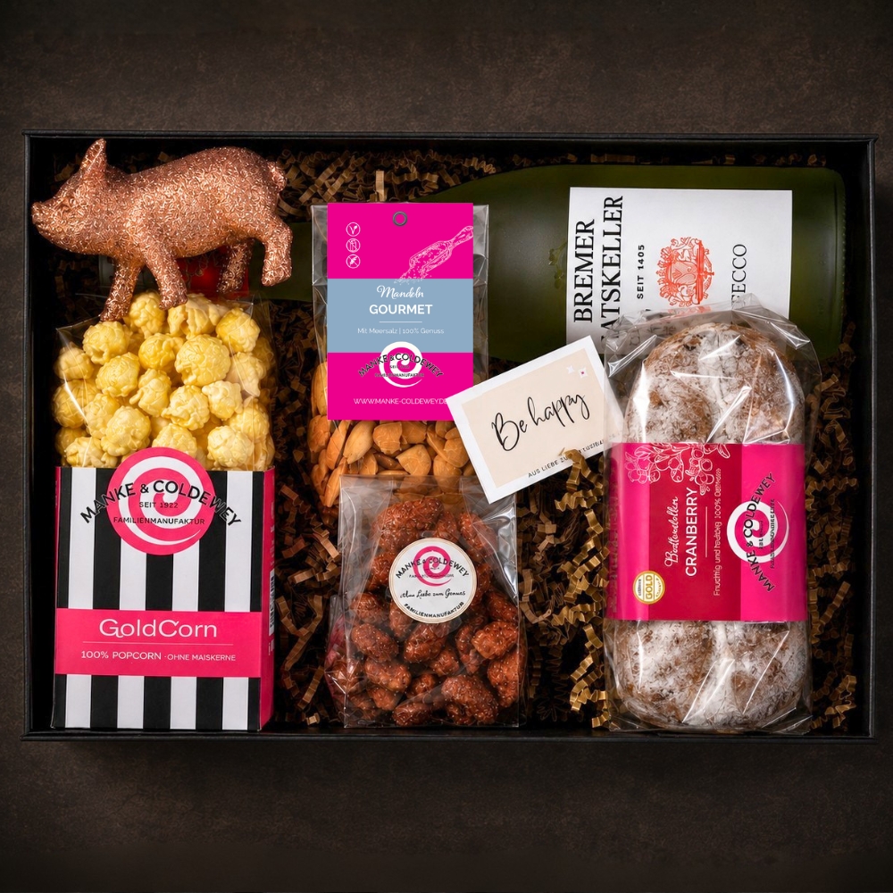 Elisenlebkuchen, Goldcorn PopKorn und gebrannten Mandeln liebevoll verpackt