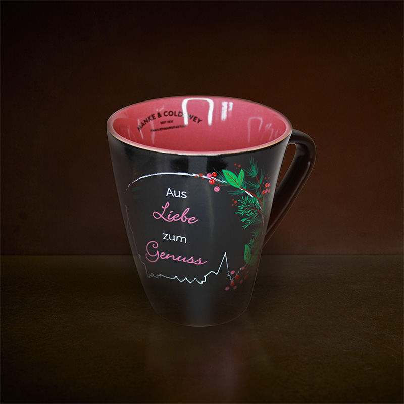 Winterliche Keramiktasse "Aus Liebe zum Genuss"