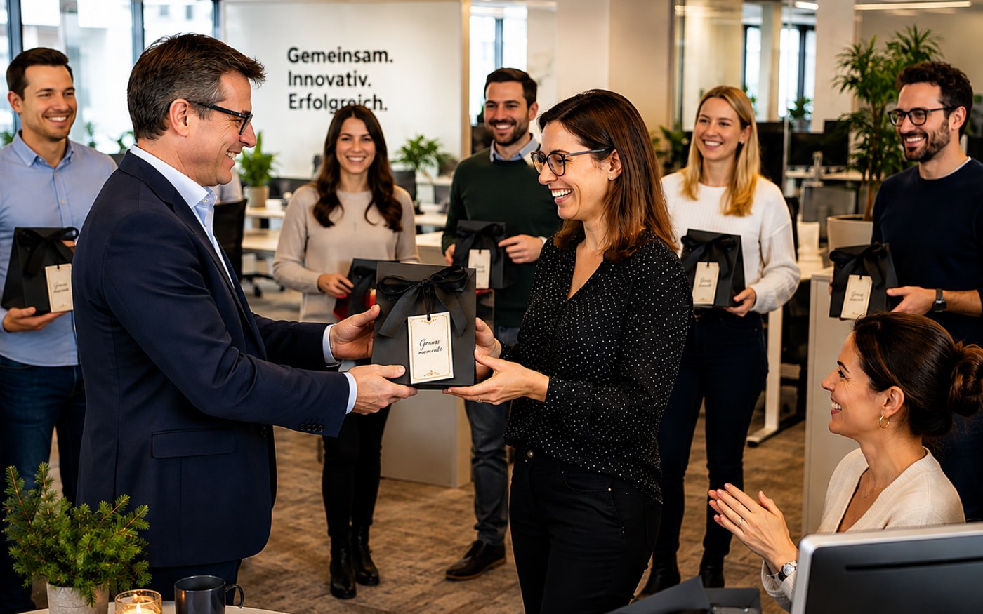 Mitarbeitergeschenke im Büro überreicht