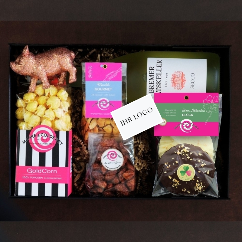 Geschenkbox Be Happy mit Logo, Firmengeschenk aus der Lebkuchen Manufaktur Bremen